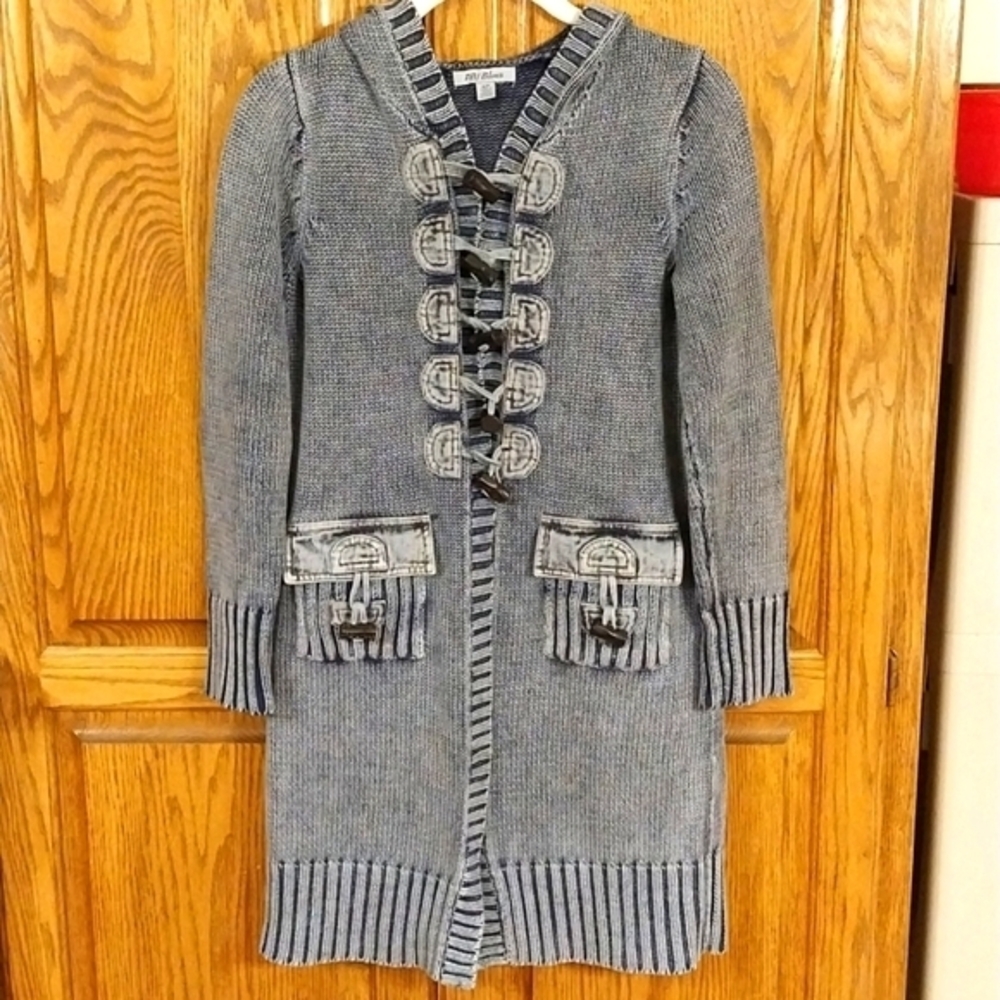 PBJ Blues NWOT Women's SP Knit Denim Acid Wash Blue Gray Long Cardigani Sweater‎
